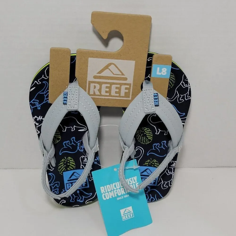 Reef Flip Flop Sandals‎ Toddler Boy Size 8 Ahi Dino Dinosaur Gray Blue Backstrap